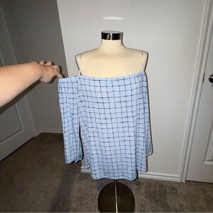 Off-Shoulder Light Blue Grid Pattern Top